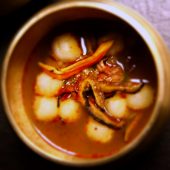 Course 7_ Tteok Guk, traditional rice dumpling soup, bone marrow broth, fried leeks